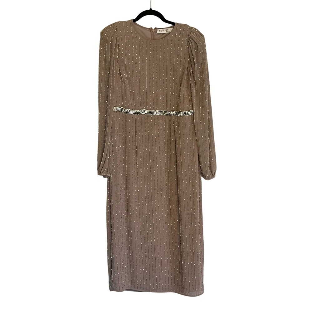 Mac Duggal Beaded Midi Dress Taupe Mauve Pearl Rhinestone Long Sleeve Size 12
